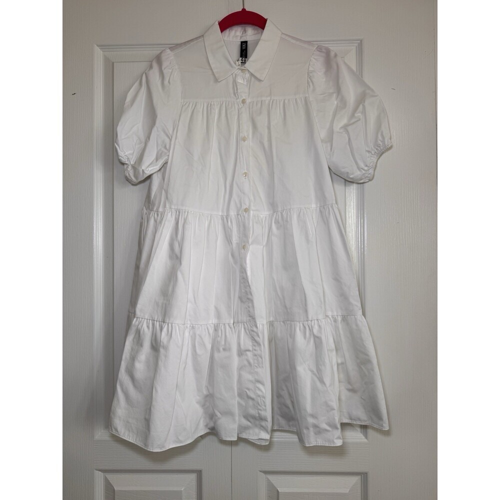 ZARA White Cotton Poplin Shirt Dress Puff Sleeve Tiered Mini Size S 4 6 - Picture 2 of 9